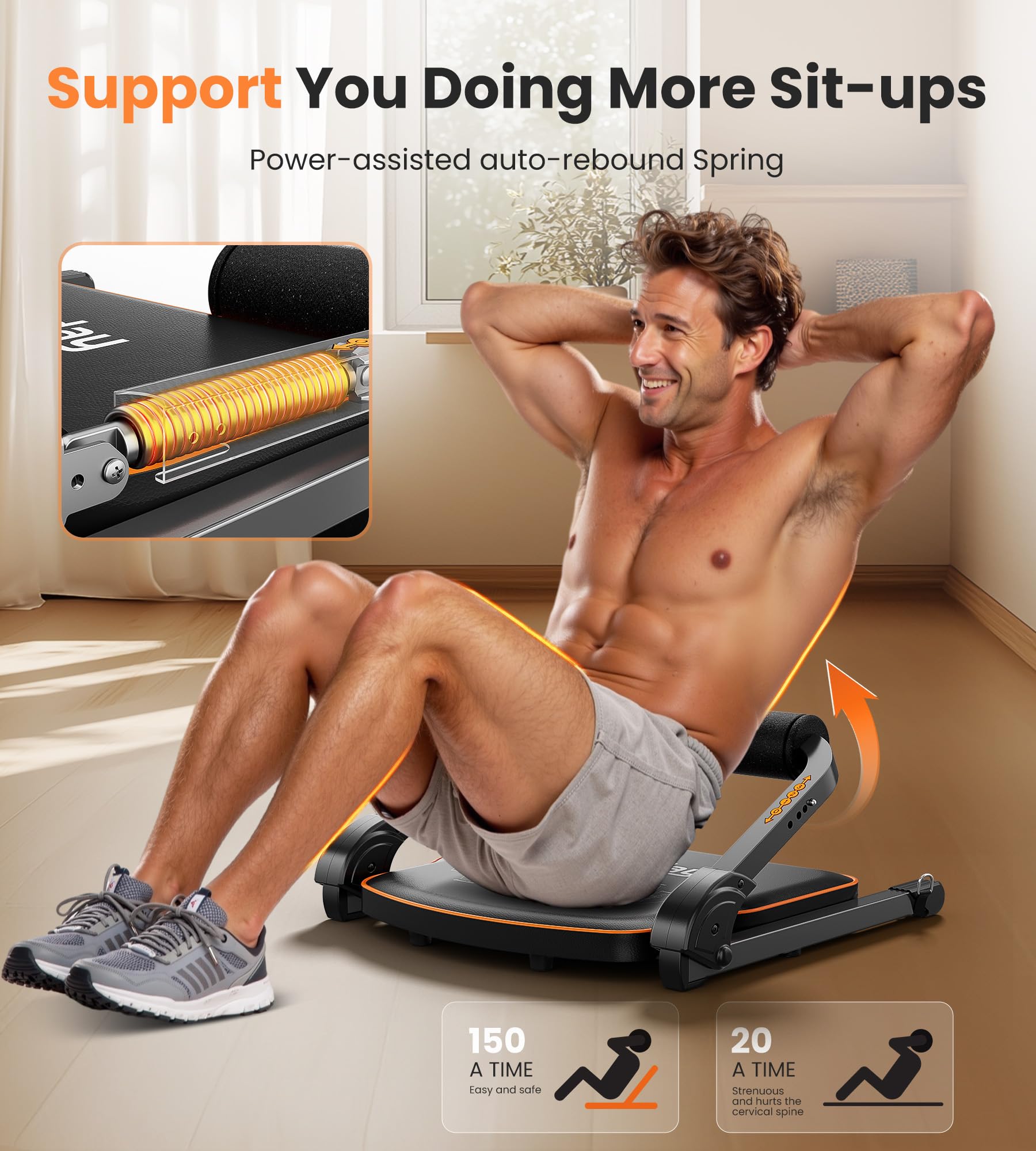 Niceday user performing sit-up showing ergonomic support and safe motion control