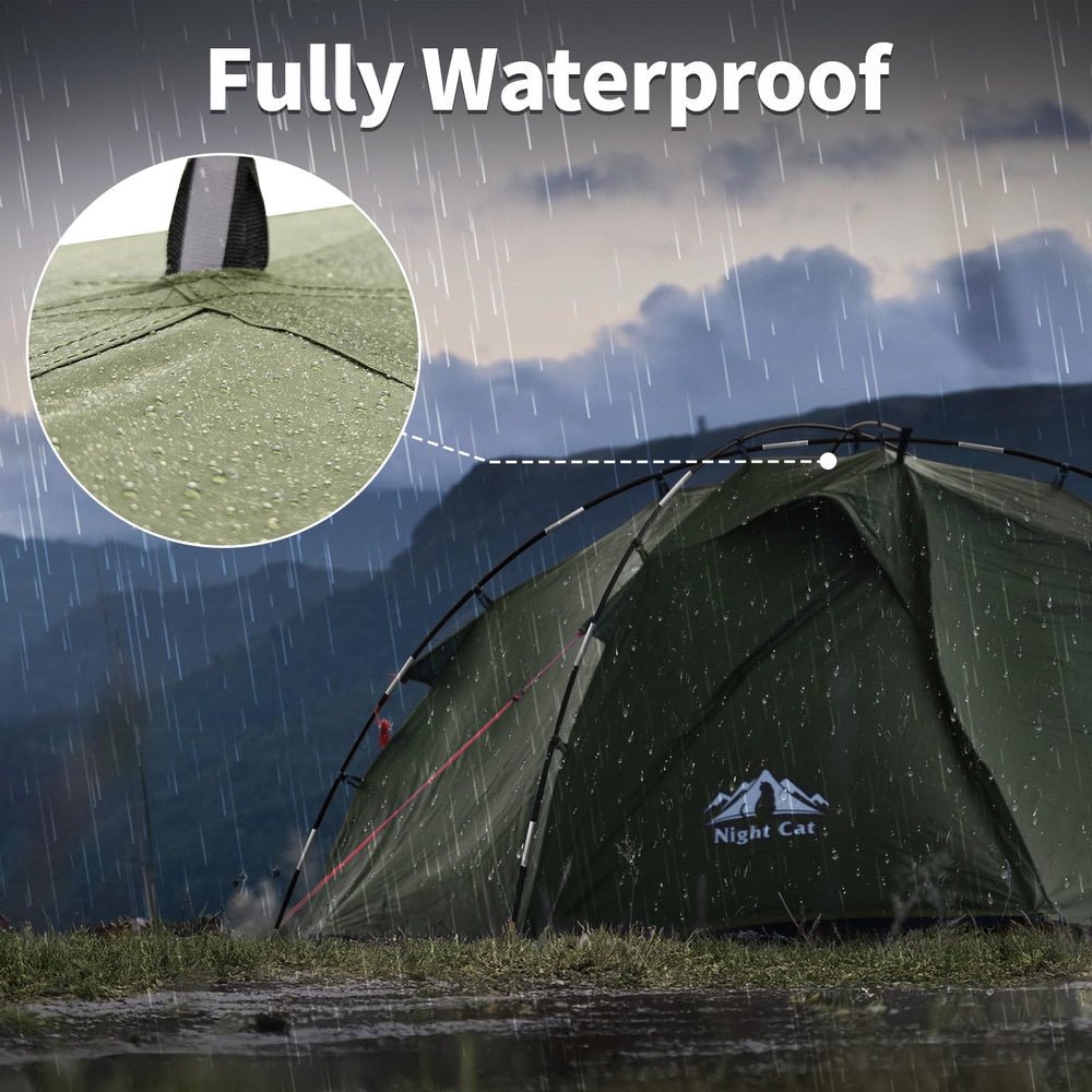 Night Cat tent pitched at campsite illustrating compact packability and comfort