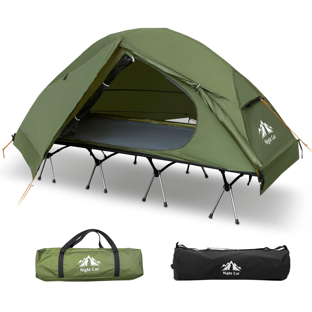 Night Cat front view of cot tent combo showing full shelter and easy access benefit