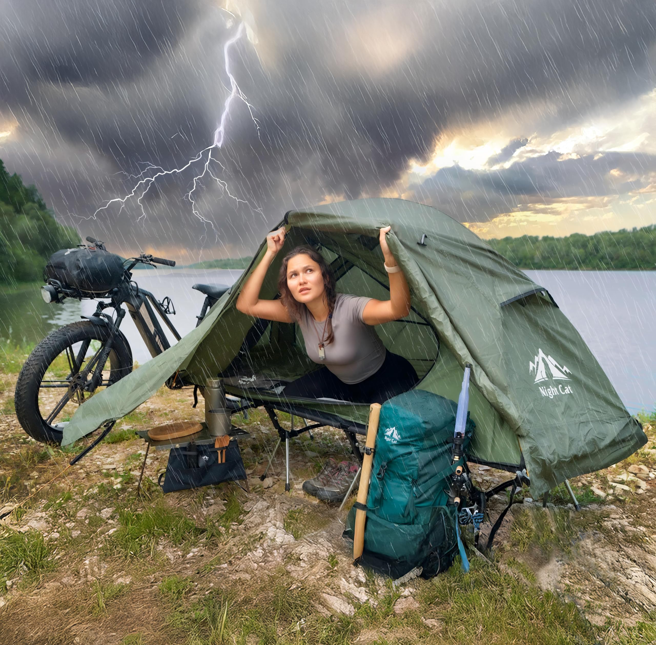 Night Cat cot tent set up at campsite showing quick installation convenience benefit