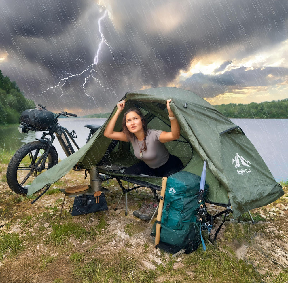 Night Cat cot tent set up at campsite showing quick installation convenience benefit