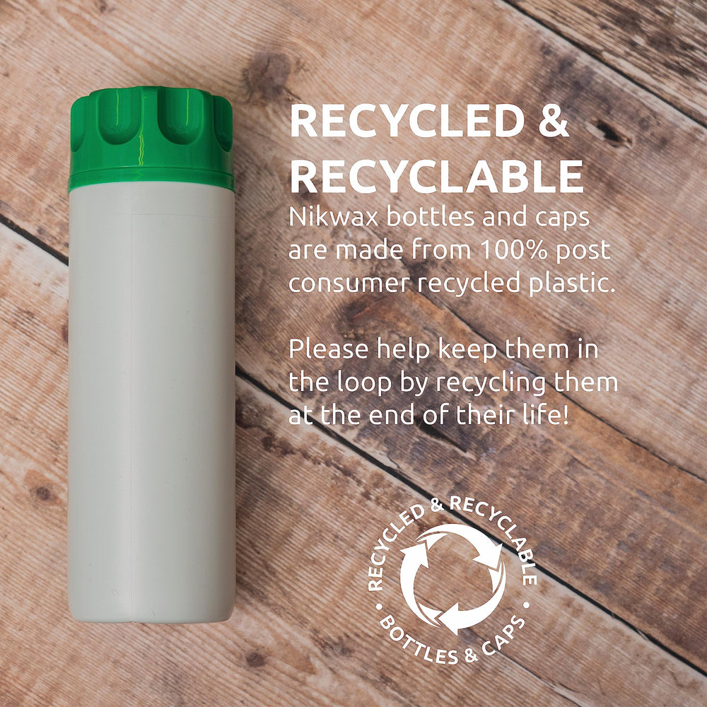 500ml Nikwax bottle beside backpack to show size and portability