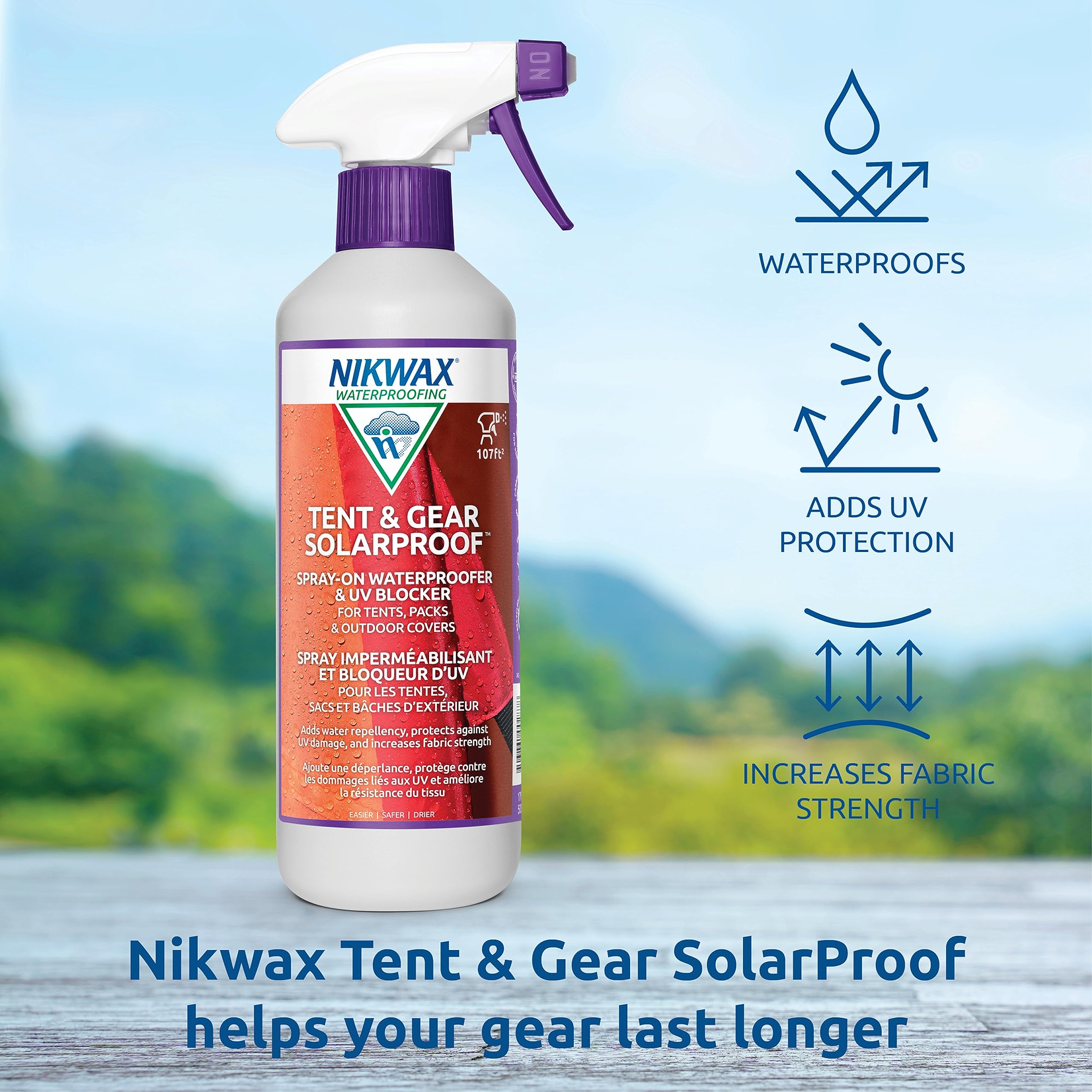 Person using Nikwax spray on a tent at campsite for easy maintenance