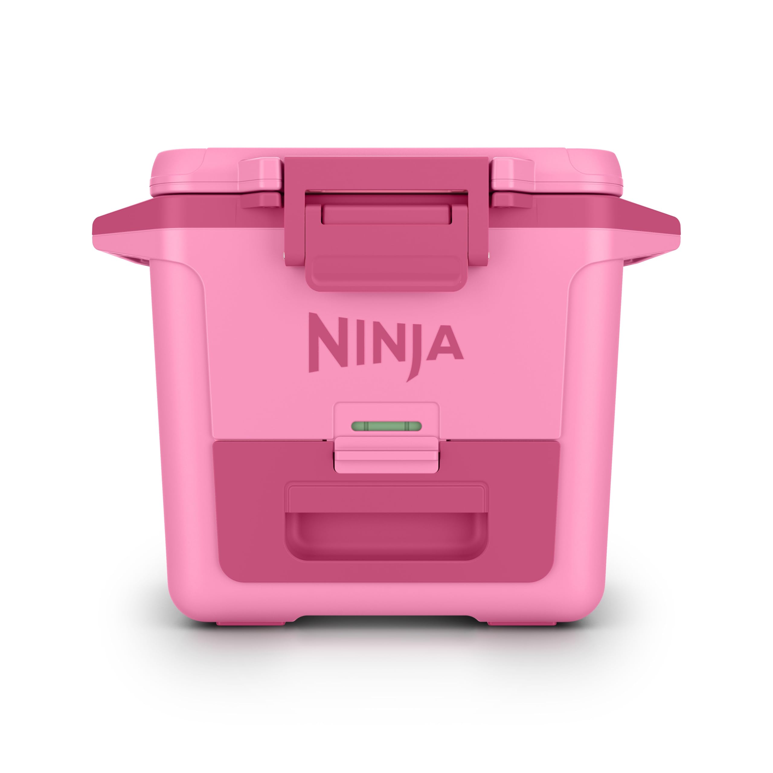 Ninja FrostVault front view showing Strawberry Rhubarb finish and secure lid benefit