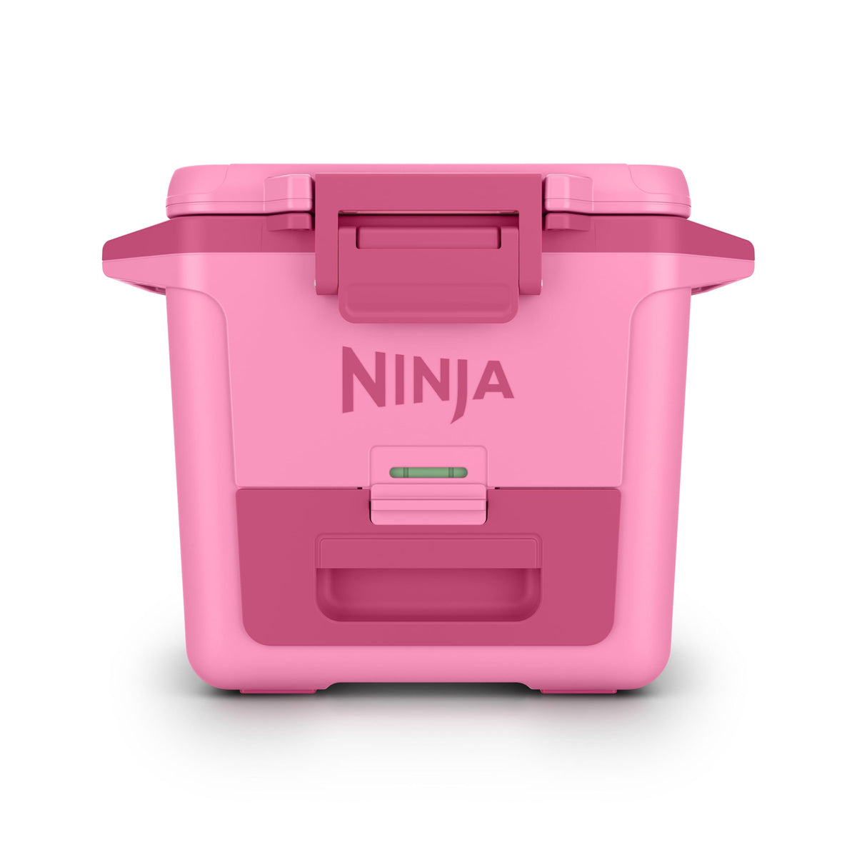 Ninja FrostVault front view showing Strawberry Rhubarb finish and secure lid benefit