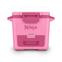 Ninja FrostVault front view showing Strawberry Rhubarb finish and secure lid benefit