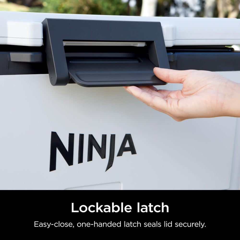 Ninja FrostVault close-up of latch and lock for secure closure and travel safety benefit