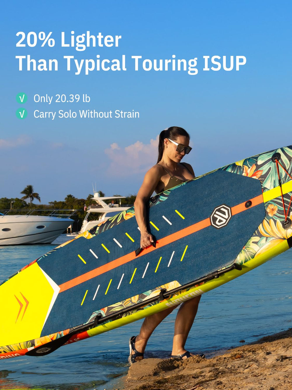 niphean paddler using board on calm lake, conveys smooth touring performance
