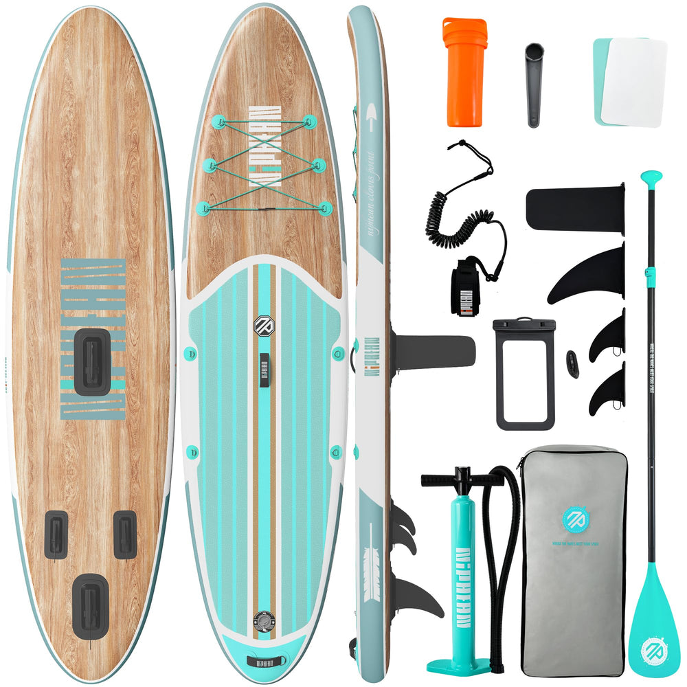 niphean front packaged SUP Green Wood showing ready-to-launch kit and convenience