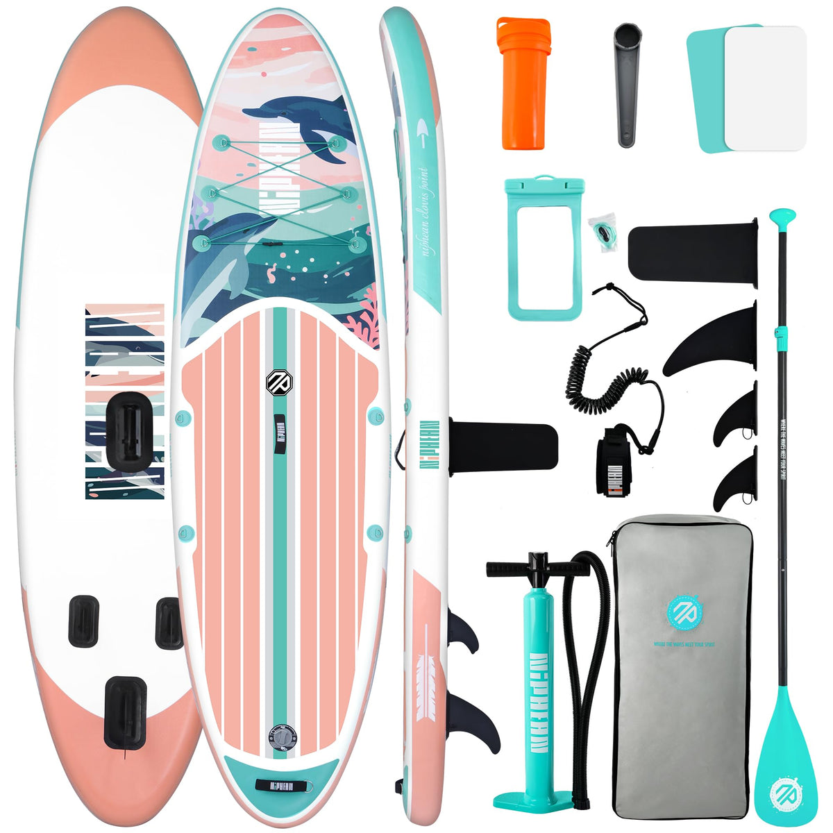 niphean front view of pink SUP kit showing board and accessories for instant use