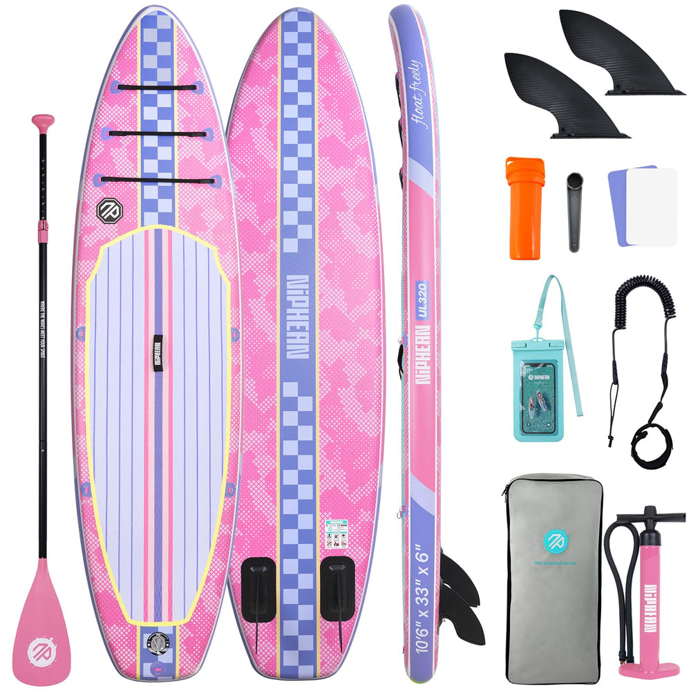 niphean light pink SUP front view showing full board and accessories for quick launch