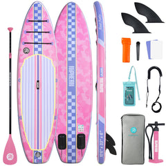 niphean light pink SUP front view showing full board and accessories for quick launch