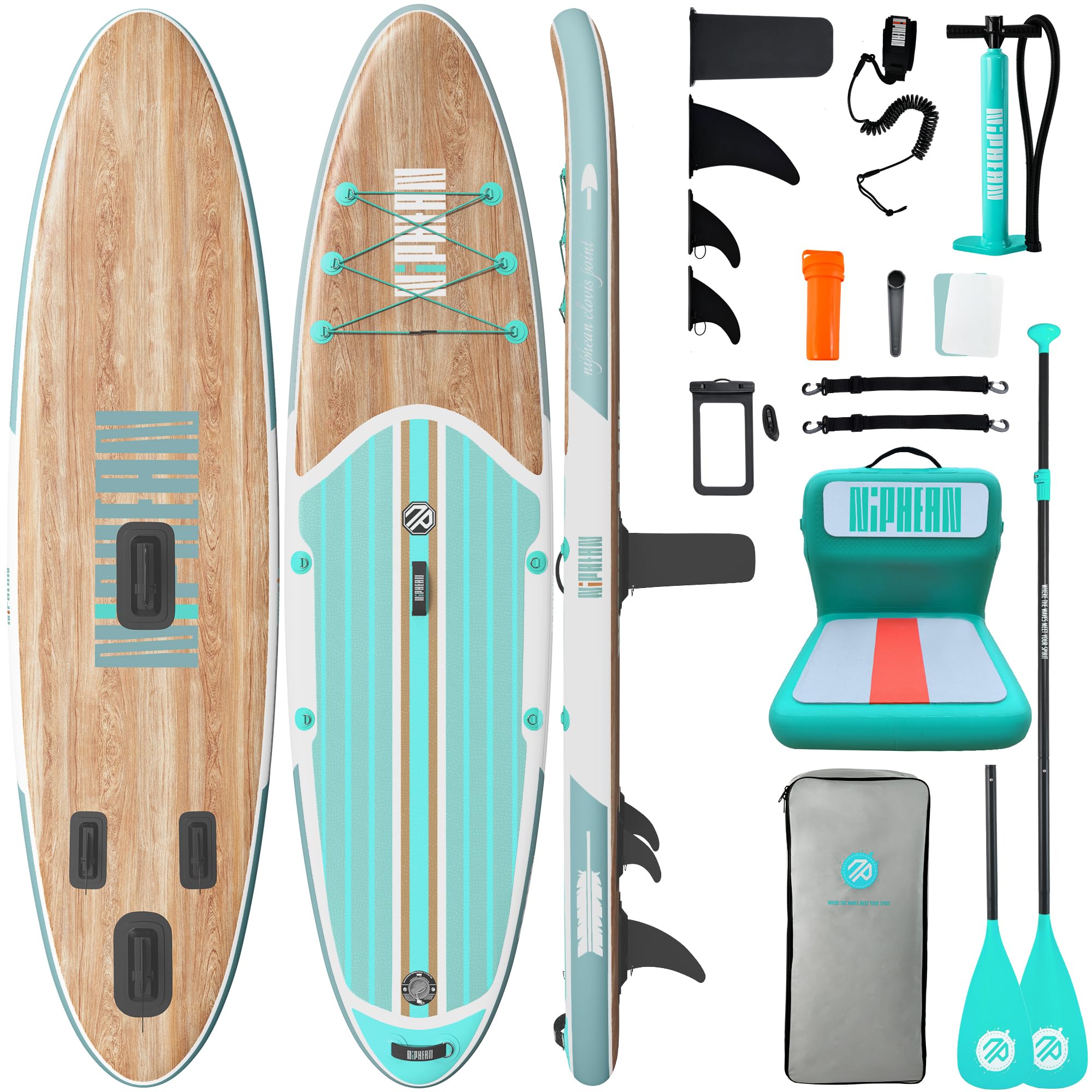 niphean mint wood SUP front packaging showing board and accessories for ready-to-go convenience