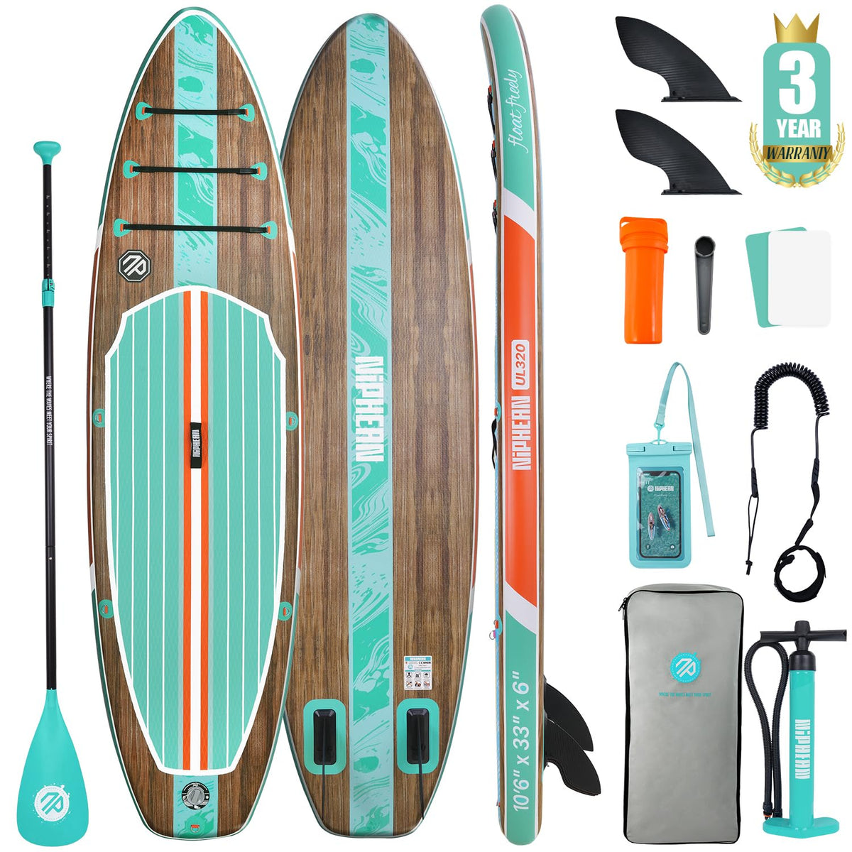niphean front view brown wood SUP showing stable shape and portability