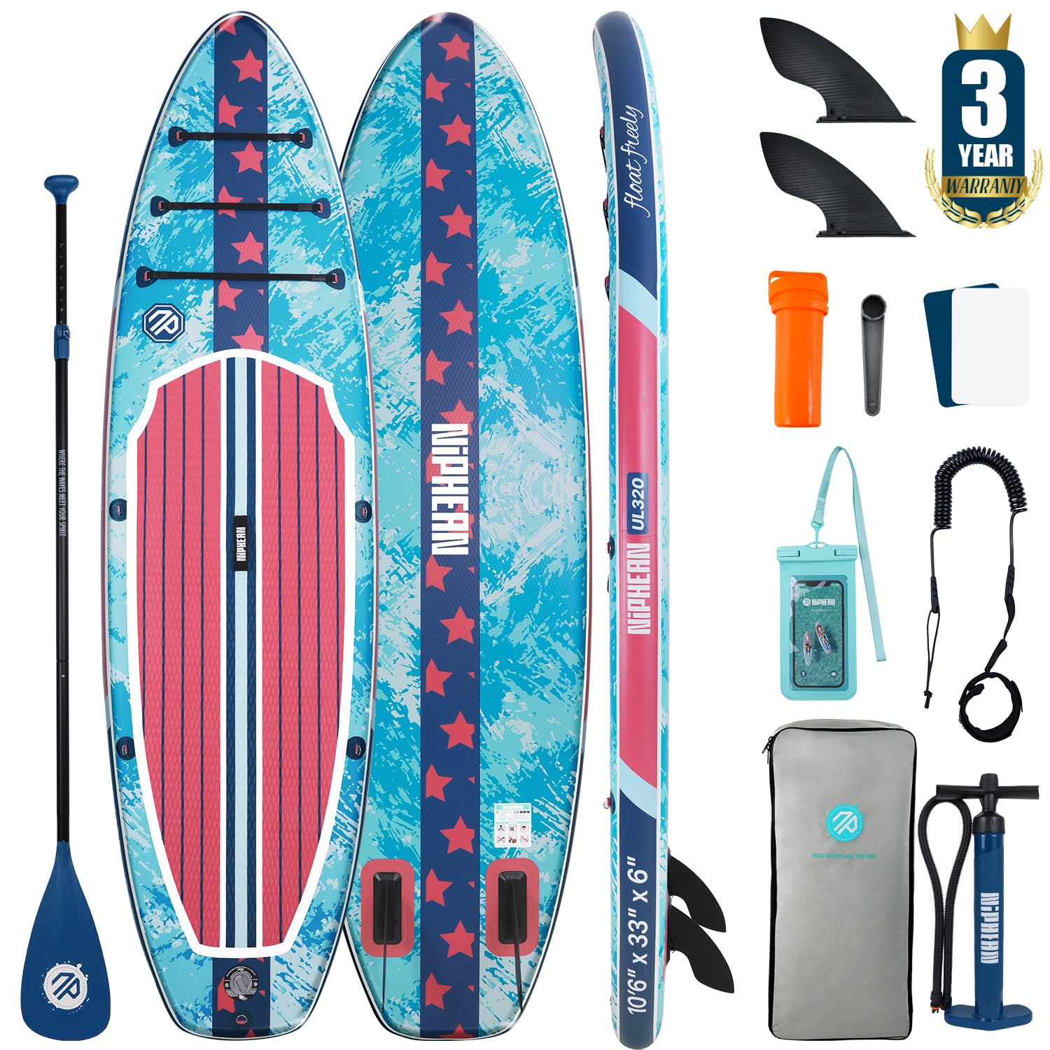 niphean front view denim blue board showing stable wide deck and immediate readiness