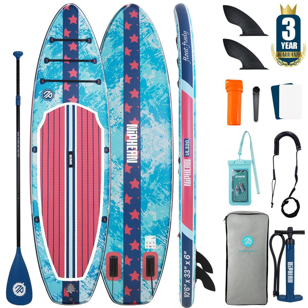 niphean front view denim blue board showing stable wide deck and immediate readiness
