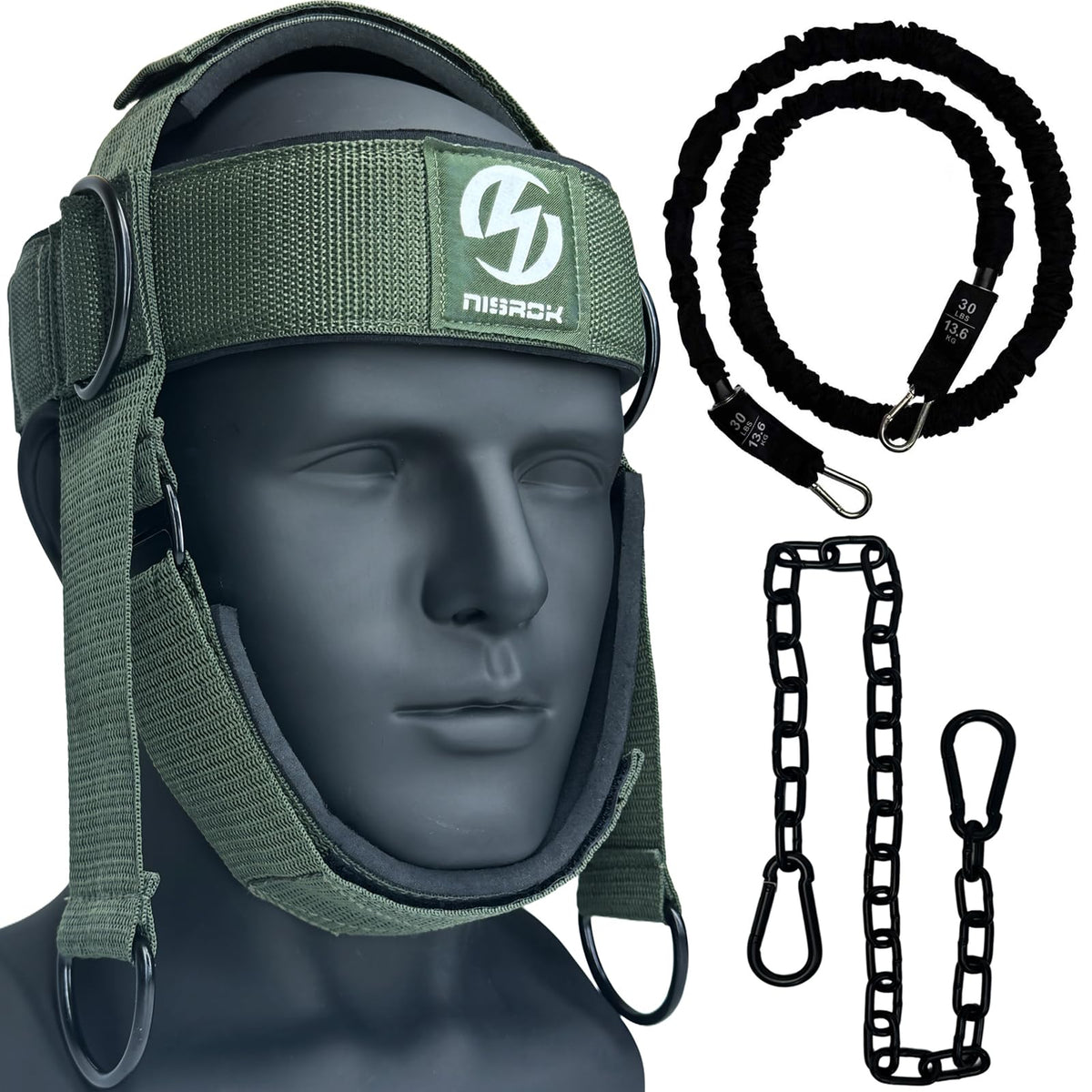 Nisrok front view harness showing padded headband and secure buckles for safer workouts