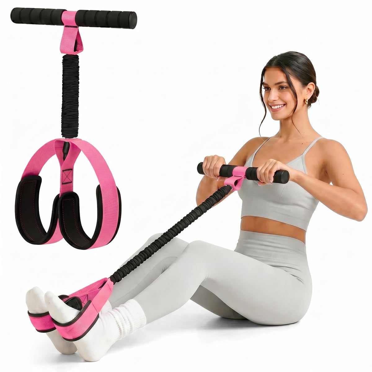 Nisuez front view of pink pedal resistance band showing full product and benefits