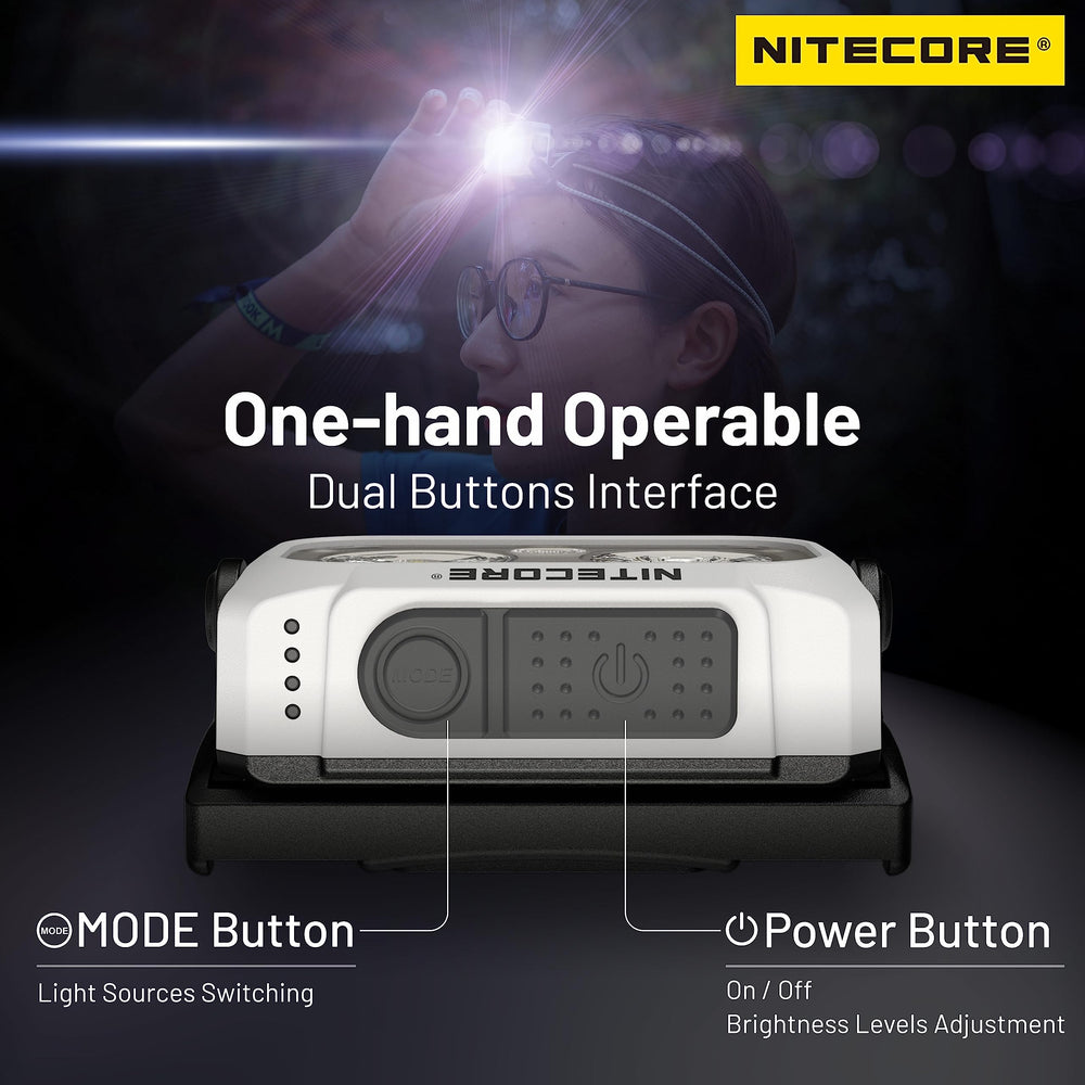 Nitecore NU21 held in hand to show scale and ultra-light 44g portability