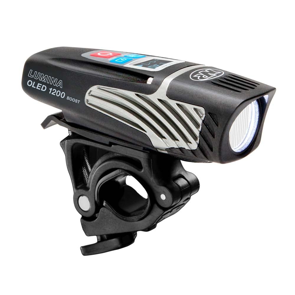 NiteRider Lumina OLED front view showing compact housing and beam, improving night visibility