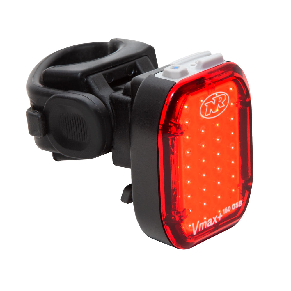 NiteRider Vmax+ 180 rear light close-up showing bright COB output
