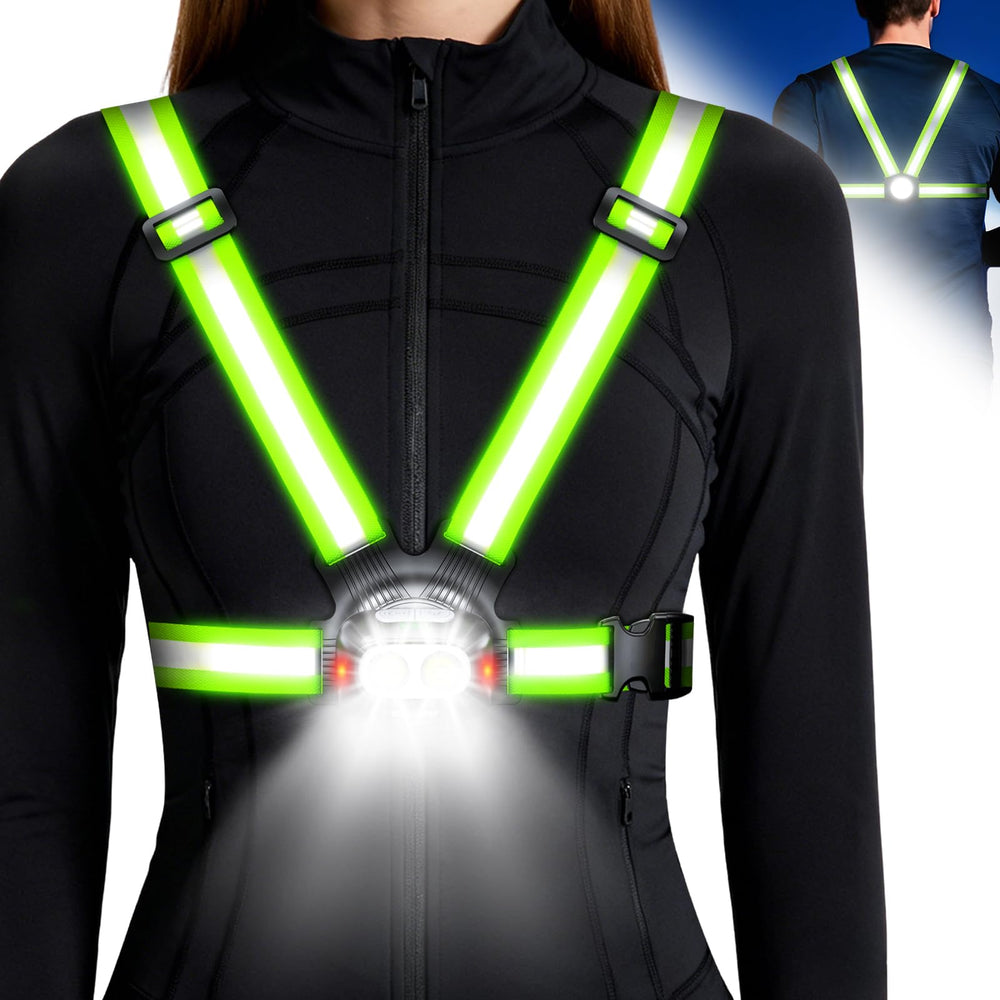Niweya front light vest showing bright beam and improved path visibility