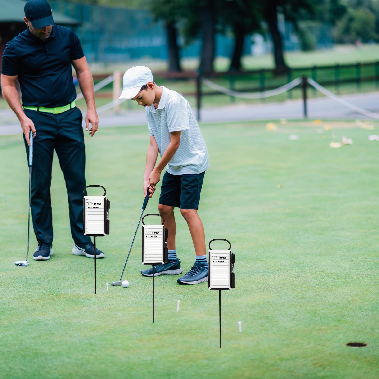 Niyanghome markers placed at a club putting contest showing organized event setup