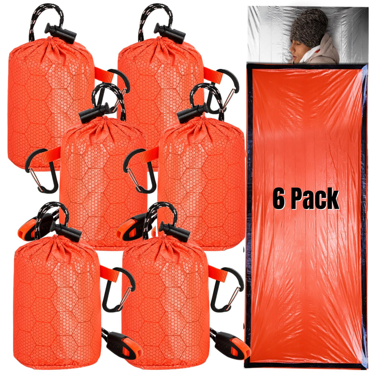 Noamus 6-pack front view showing compact emergency bivvy sacks and included whistles for preparedness