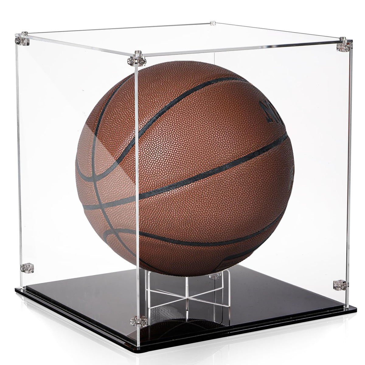 Noamus front view of clear acrylic cube displaying ball, showcases visibility benefit