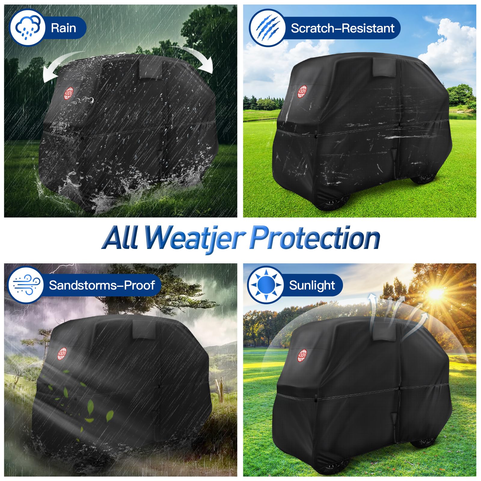 NOKINS-covered golf cart in rain illustrating reliable weather protection
