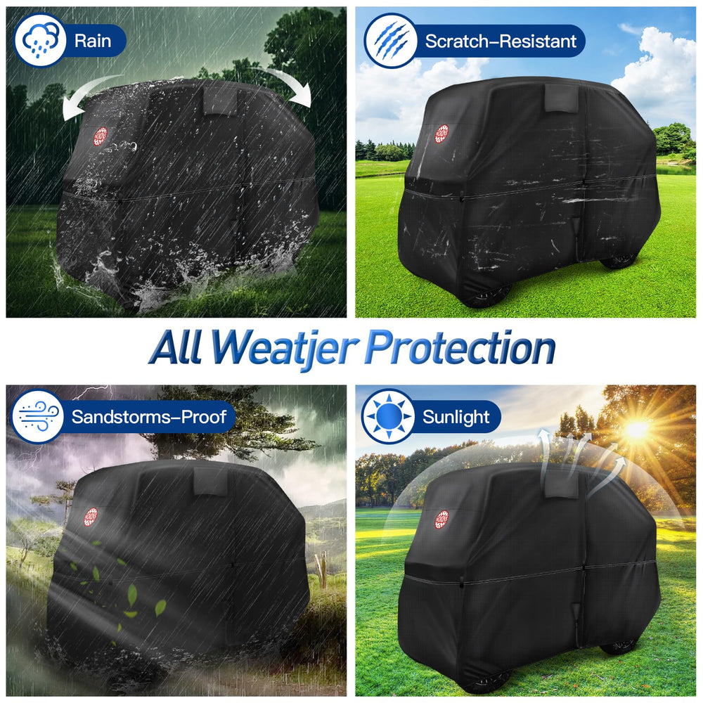 NOKINS-covered golf cart in rain illustrating reliable weather protection