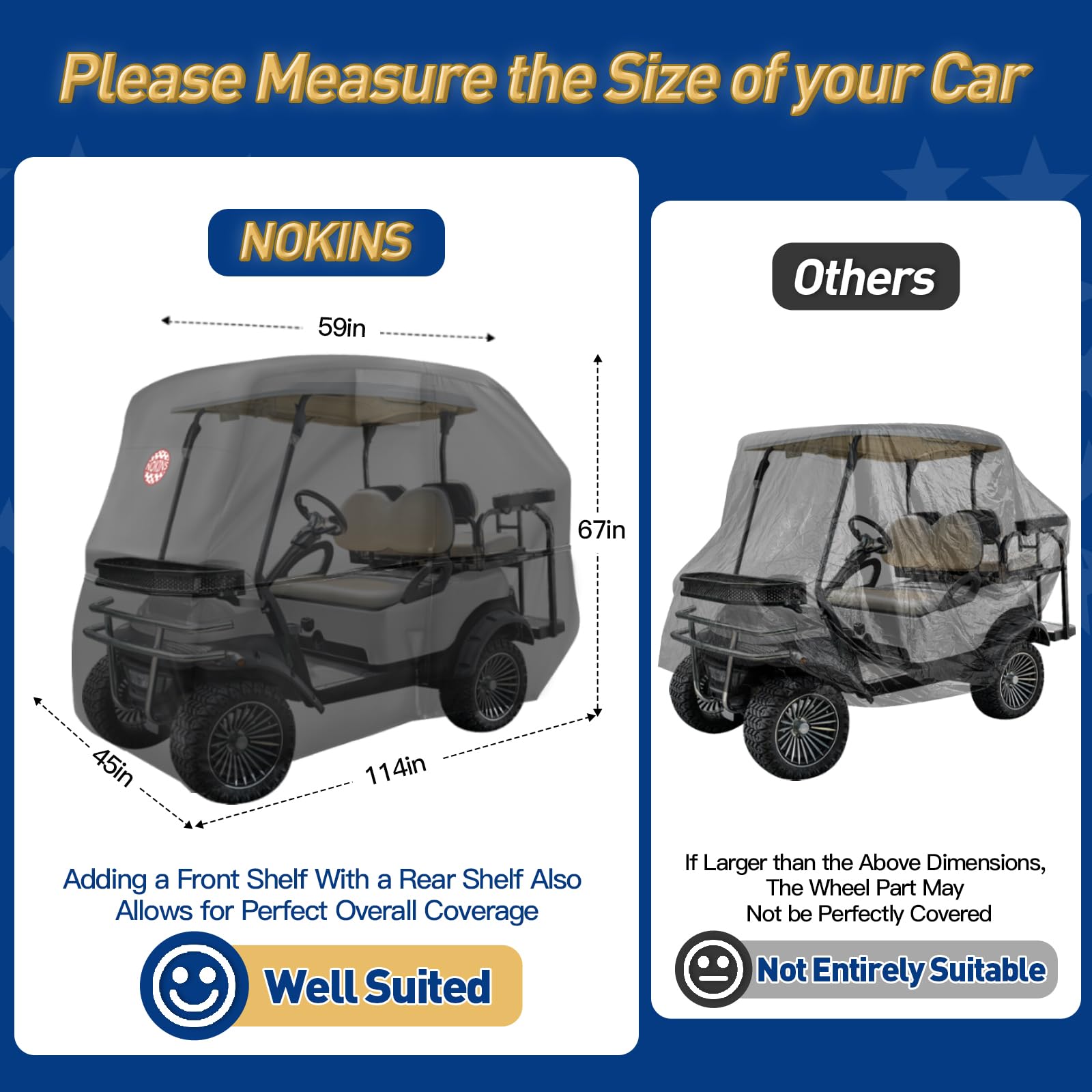 NOKINS side view showing roof-length coverage and fit over cart roof