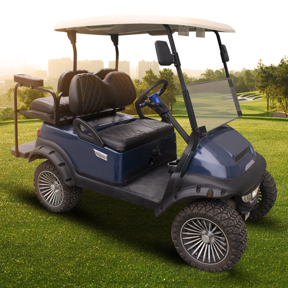 NOKINS seat covers on a golf cart parked on course showing upgraded appearance