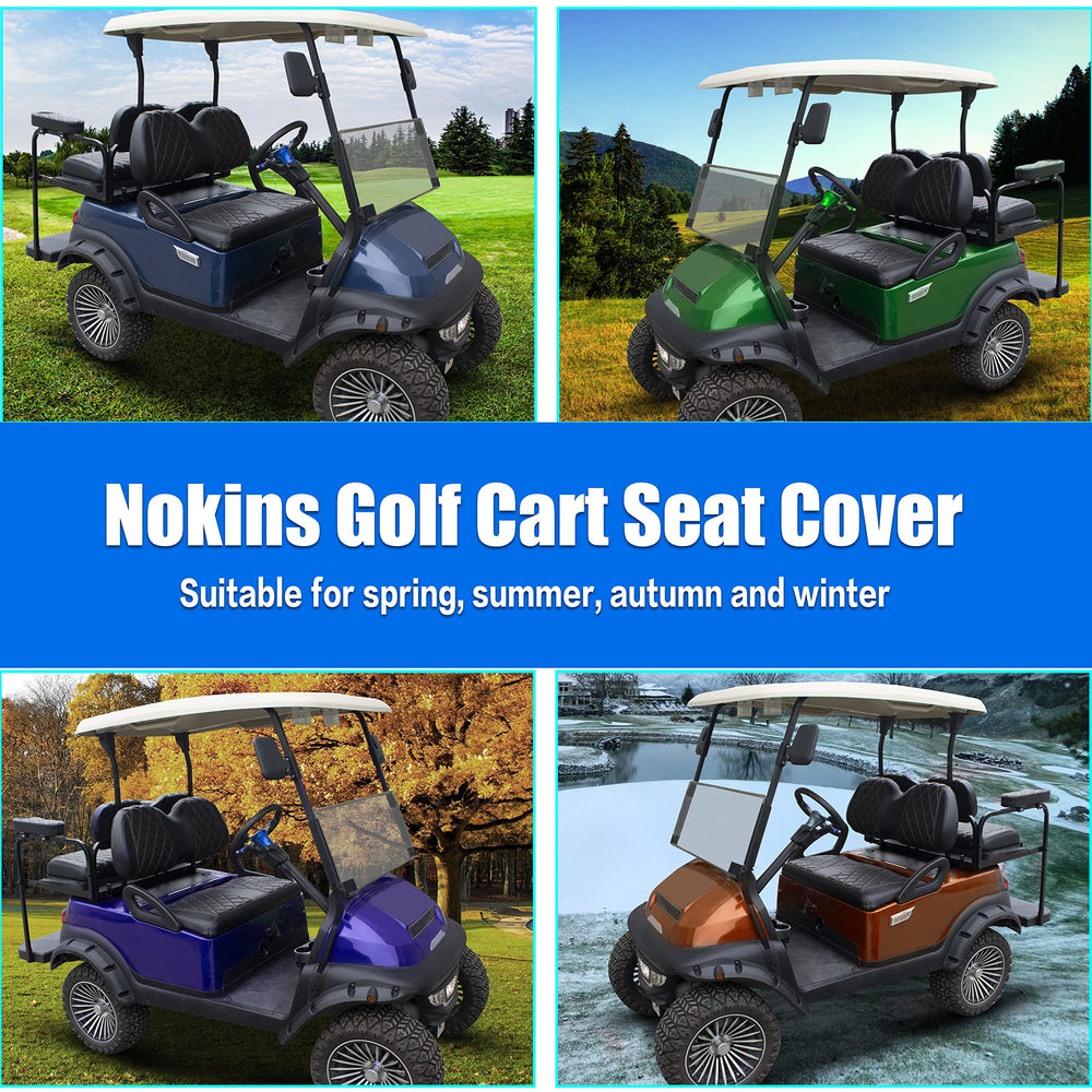 NOKINS seat cover being held to show size and fit compared to original cushion