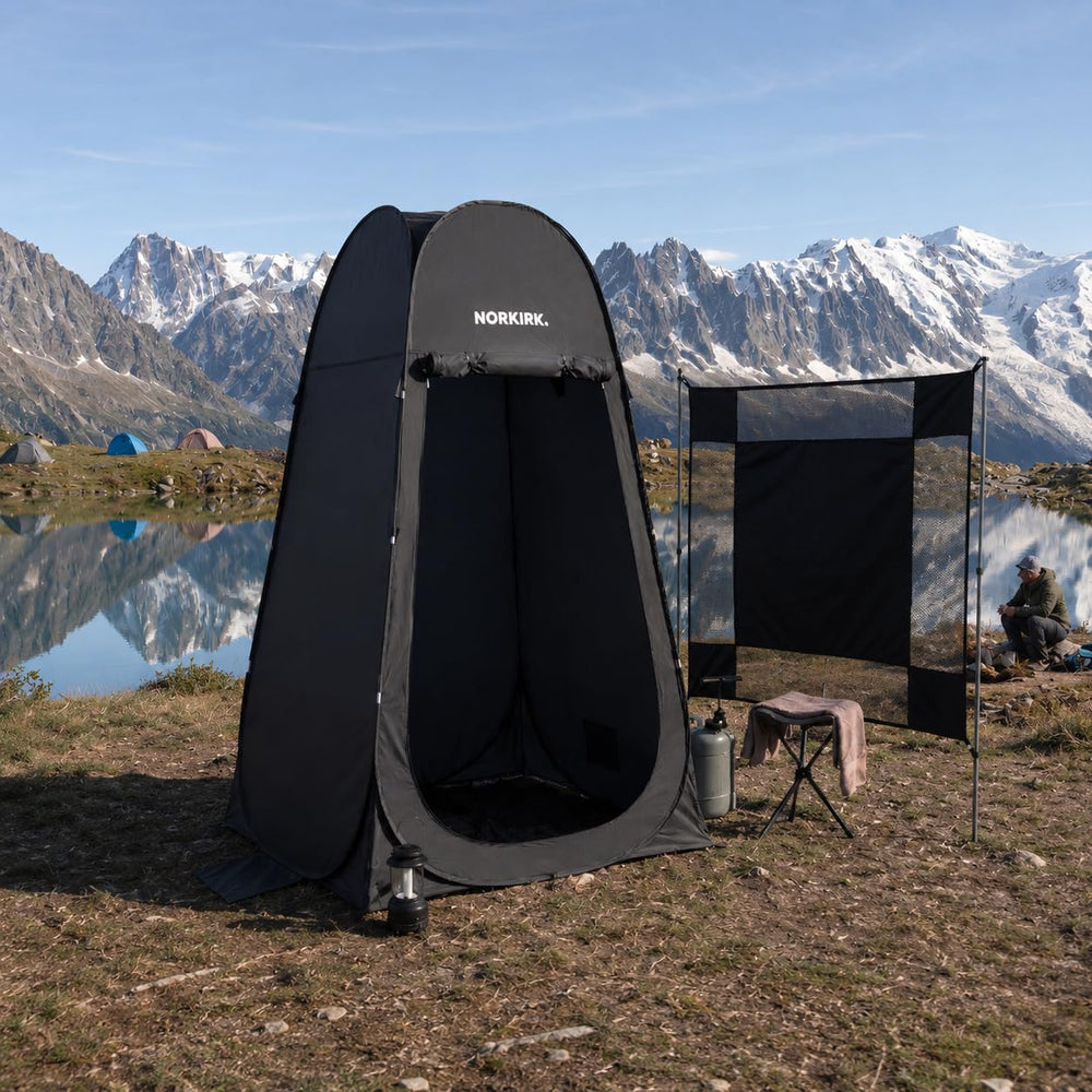 NORKIRK front view showing tent open and compact bag for quick setup