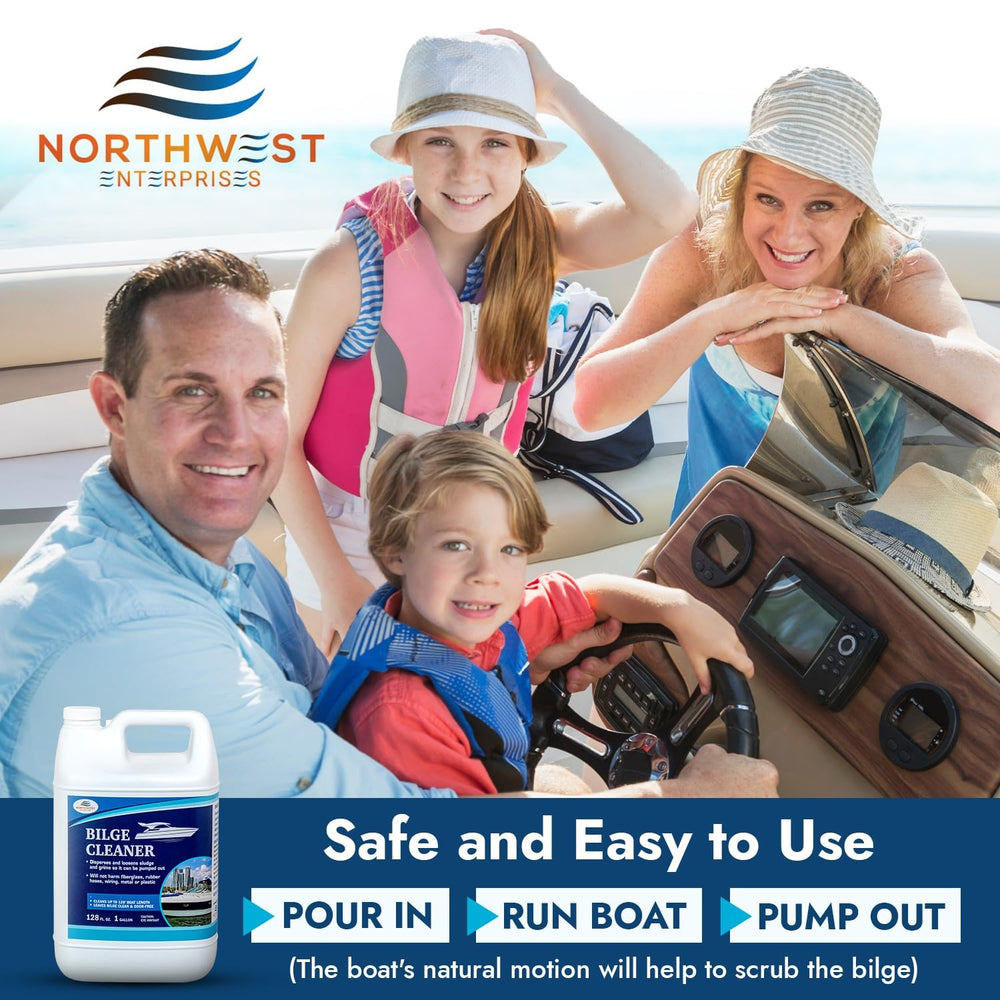 NORTHWEST ENTERPRISES pouring cleaner into bilge to dissolve oil and grease