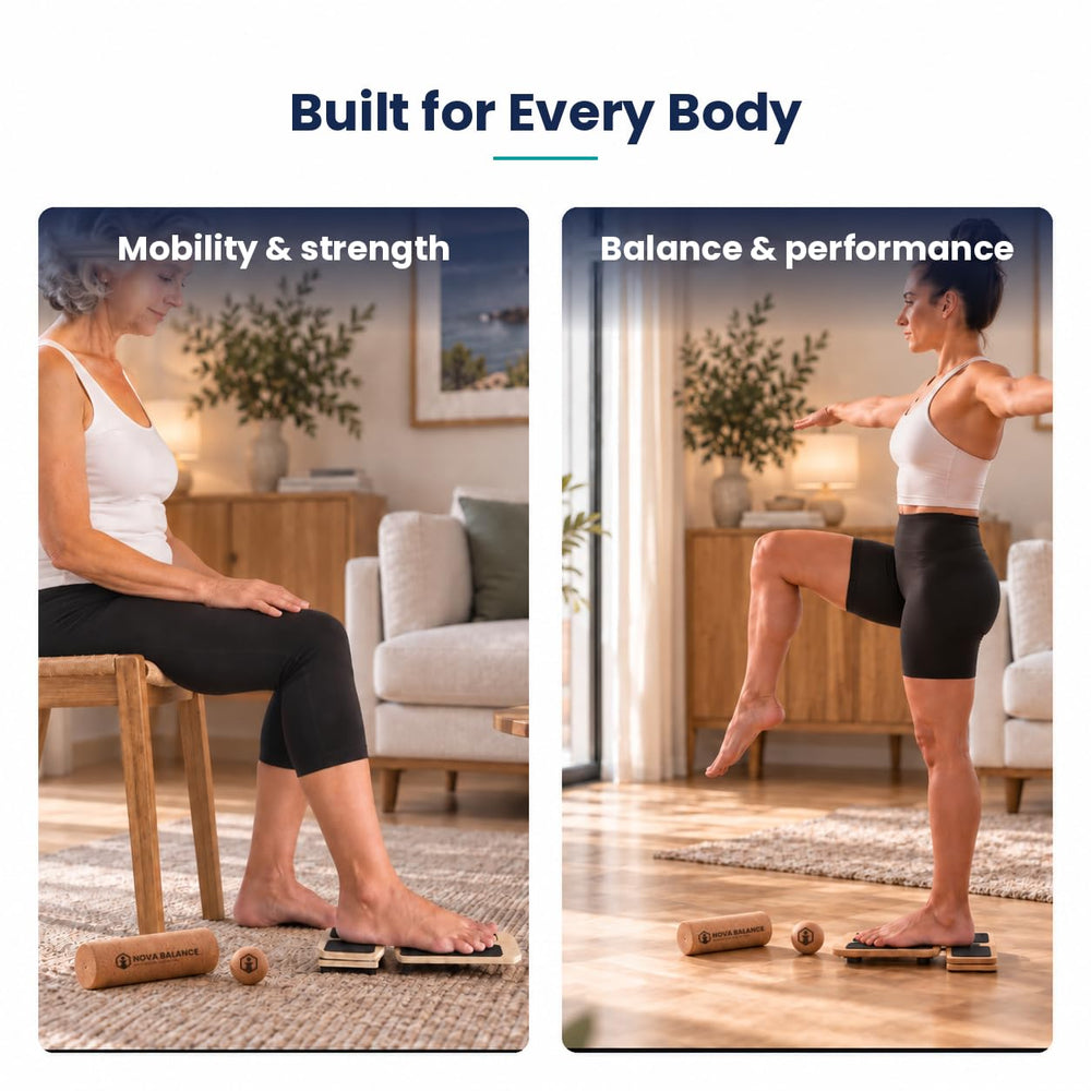 Nova Balance cork roller and massage ball shown for foot warm-up and plantar recovery