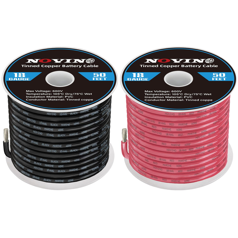 NOVINO front packaging showing 50ft red and 50ft black marine wire for quick identification and durability