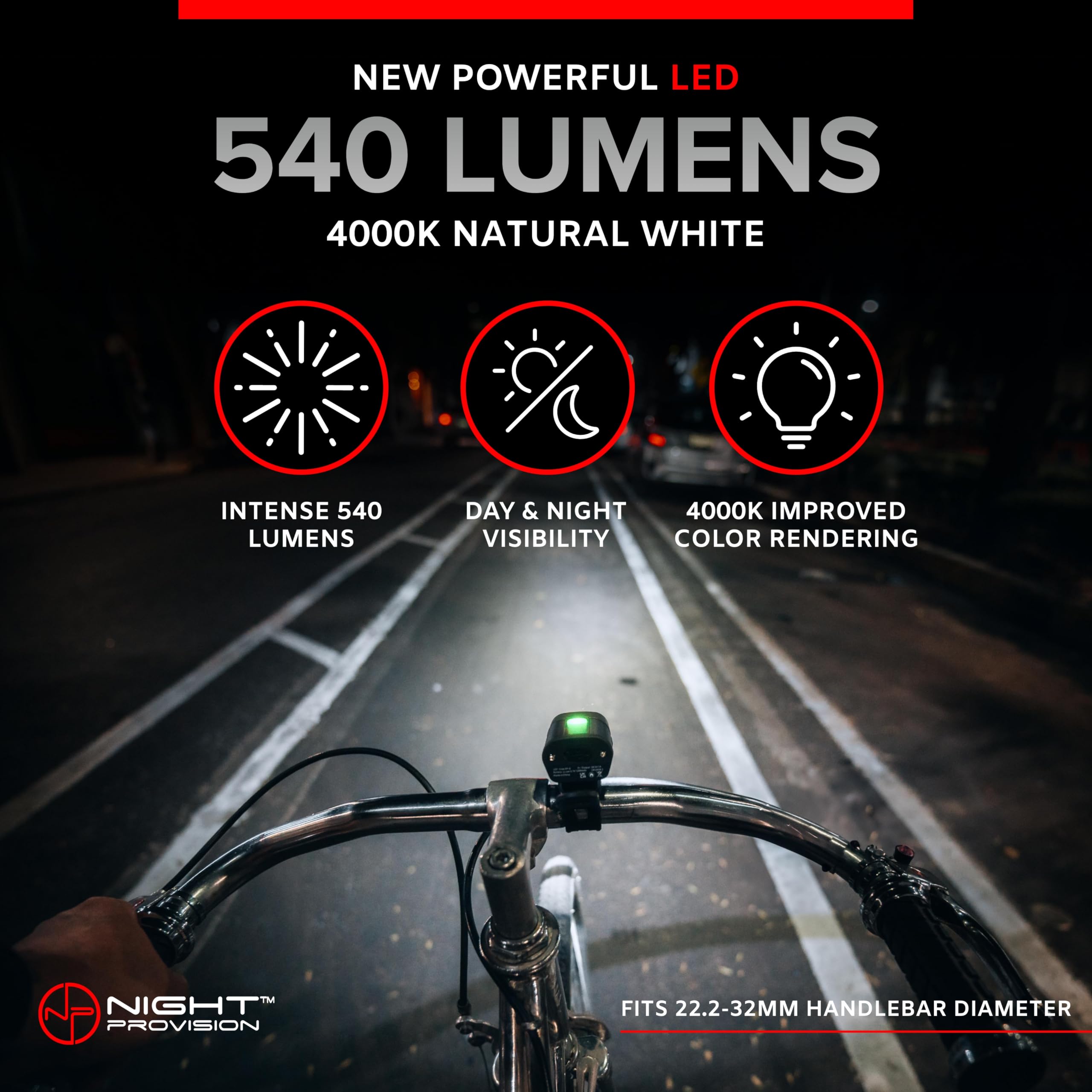 NP NIGHT PROVISION headlight mounted on handlebar improving night safety