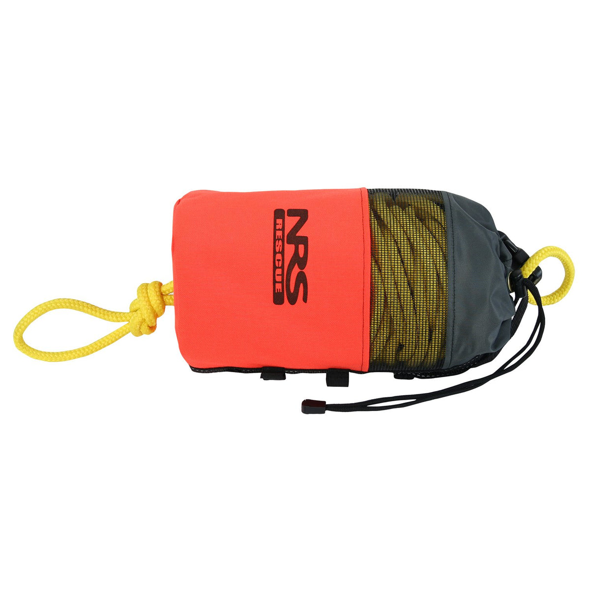 NRS rescue throw bag front view showing bright orange bag and rope for quick location