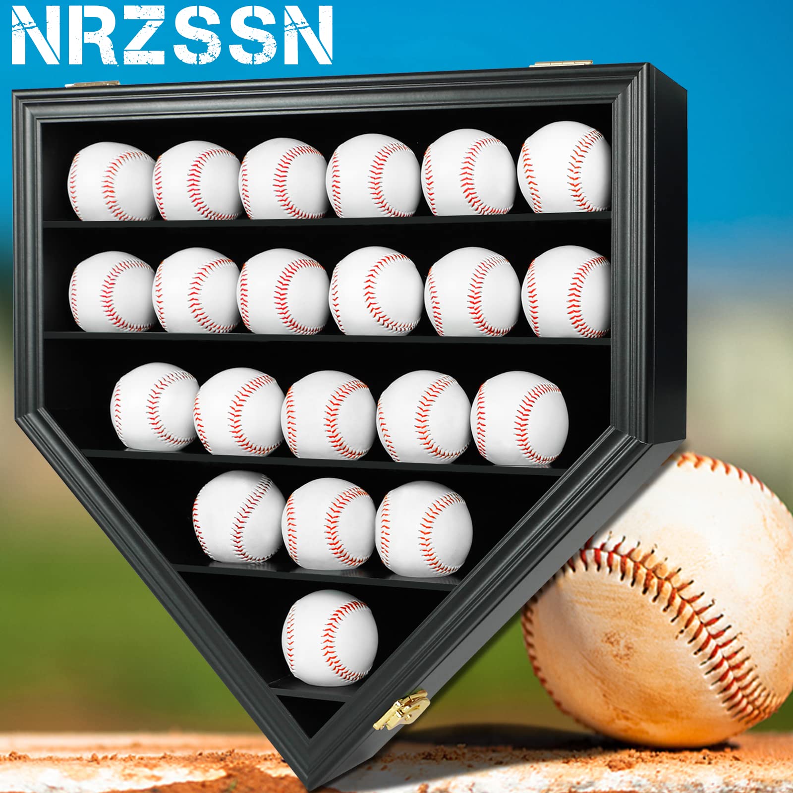 NRZSSN front view of 21-ball display case showing sleek black frame and clear acrylic protective cover