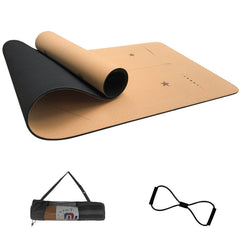 NUNET cork yoga mat front view showing full size and logo, durable travel benefit