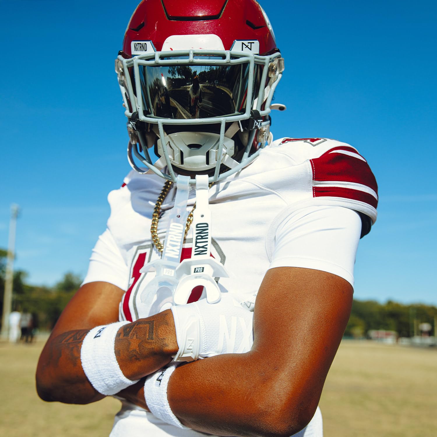 NXT NXTRND player wearing mouth guard on field showing comfortable fit and in-play stability
