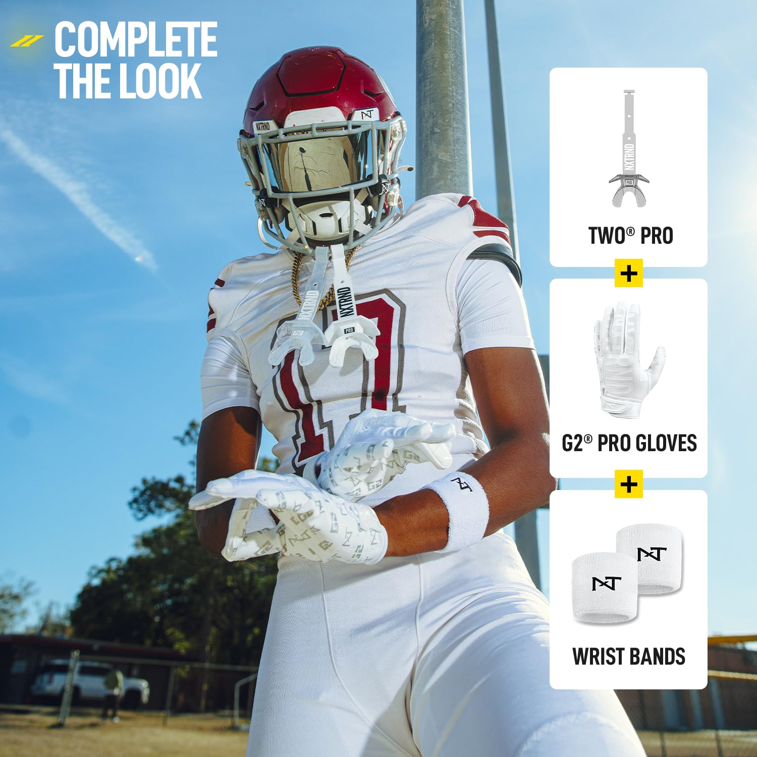 NXT NXTRND mouth guard next to helmet illustrating compact size and helmet compatibility