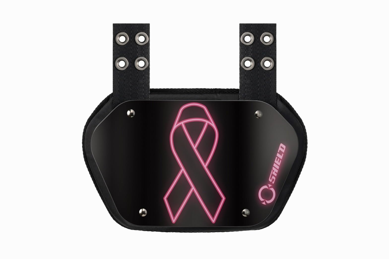 O SHIELD front view showing pink ribbon graphic and rigid shell for clear field visibility