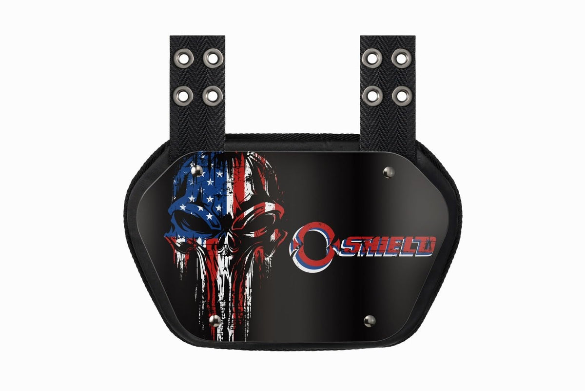 O SHIELD front view showing full back plate and game-day graphic for team identity