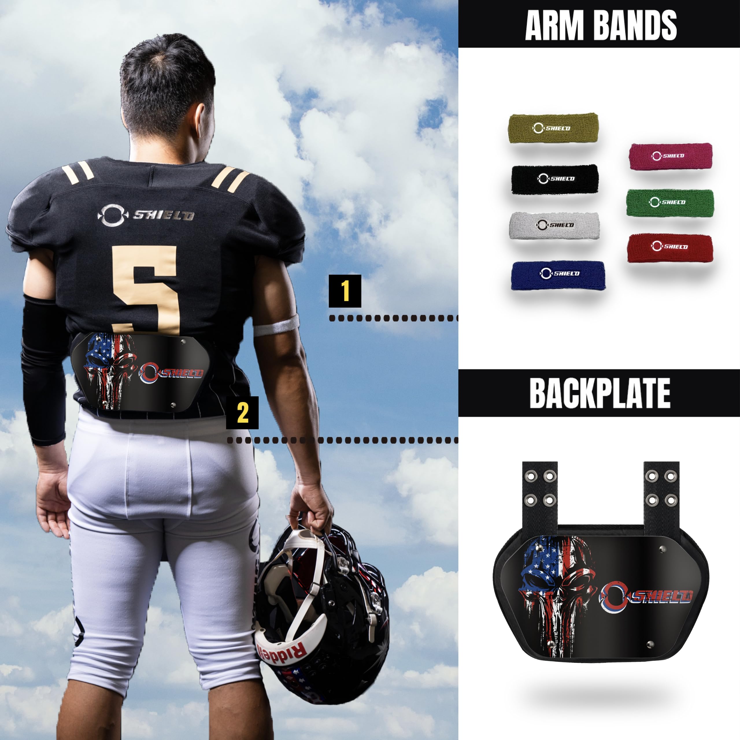 O SHIELD back plate worn on field illustrating protection and visible sideline graphic