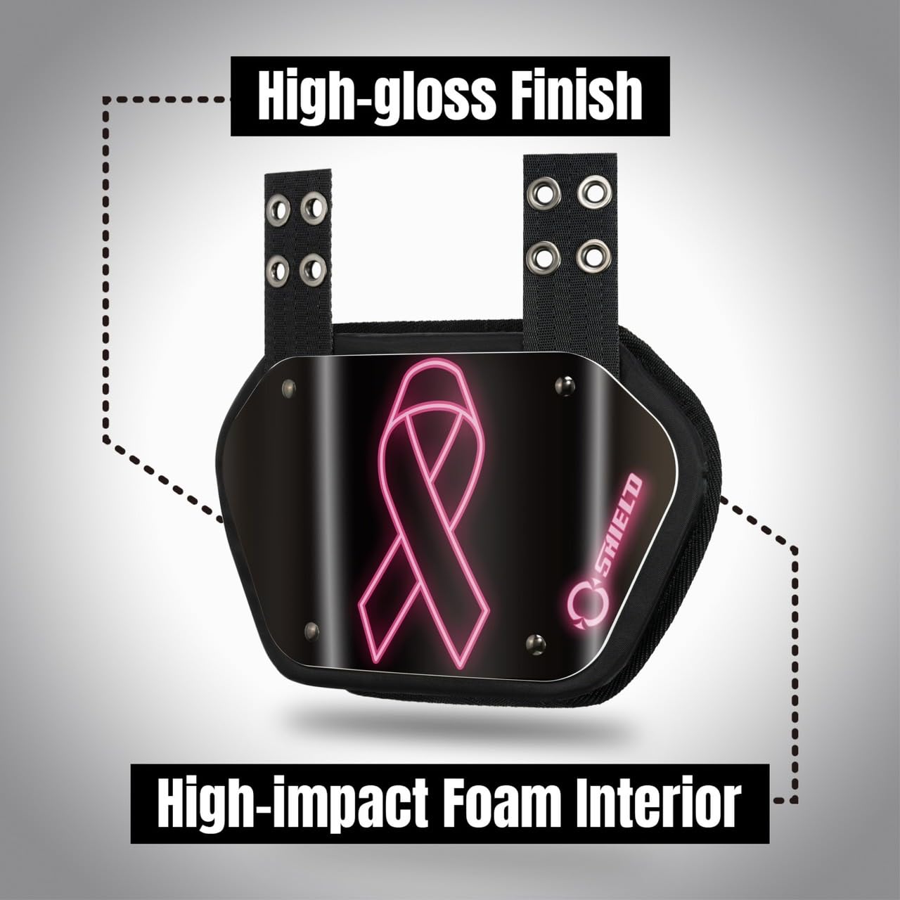 O SHIELD mounted on youth shoulder pads demonstrating secure lower-back coverage