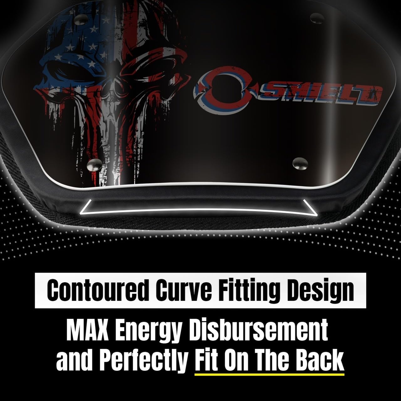 O SHIELD plate attached to shoulder pads demonstrating secure mount and coverage