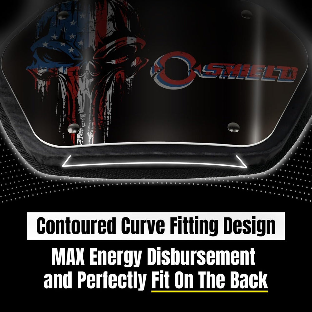 O SHIELD plate attached to shoulder pads demonstrating secure mount and coverage
